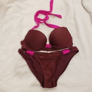 Aerie Burgundy Push Up Halter Bikini